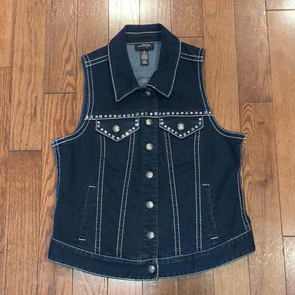 Y2K Dark Wash Denim Vest M Studded Rhinestone Button Up Western